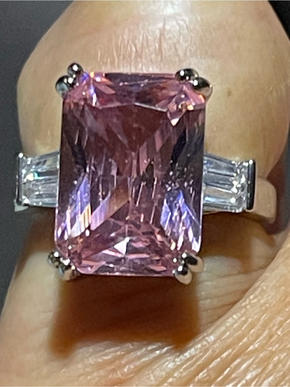 Classic Pink Emerald-Cut Ring with Side Baguette Accents Platinum Plated Sz 6